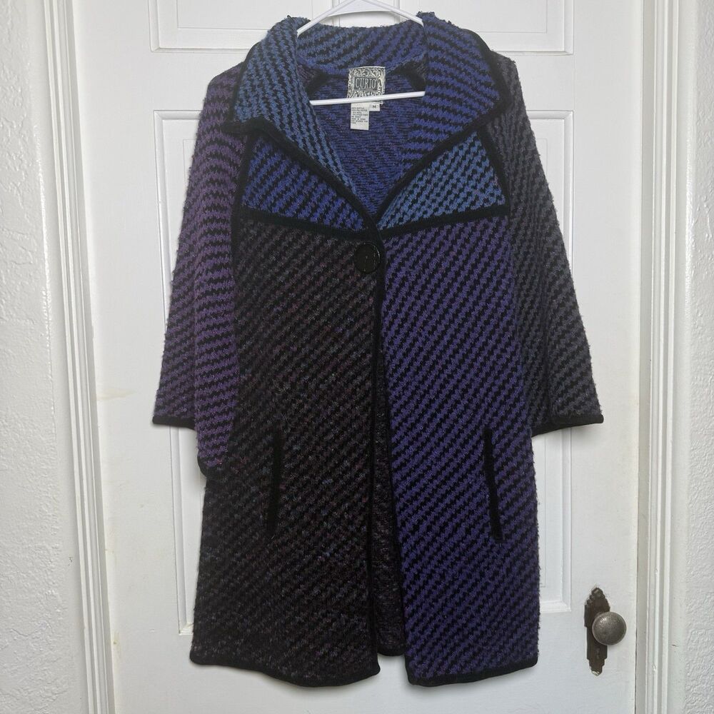 Curio Women’s Knit Wool Blend Jacket Coat M Purple Blue Black Retro Vintage